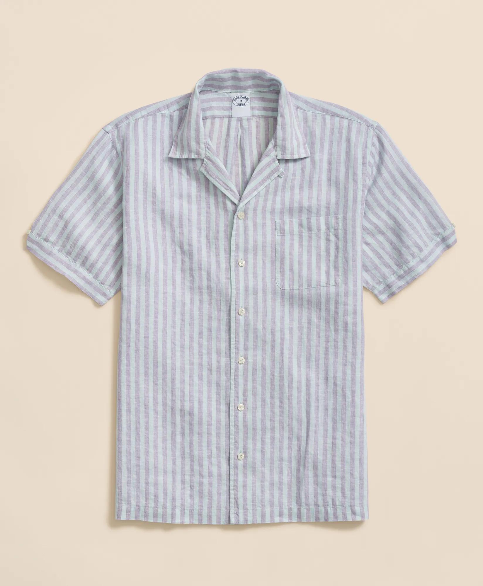 Irish Linen Camp Collar, Striped Short-Sleeve Shirt