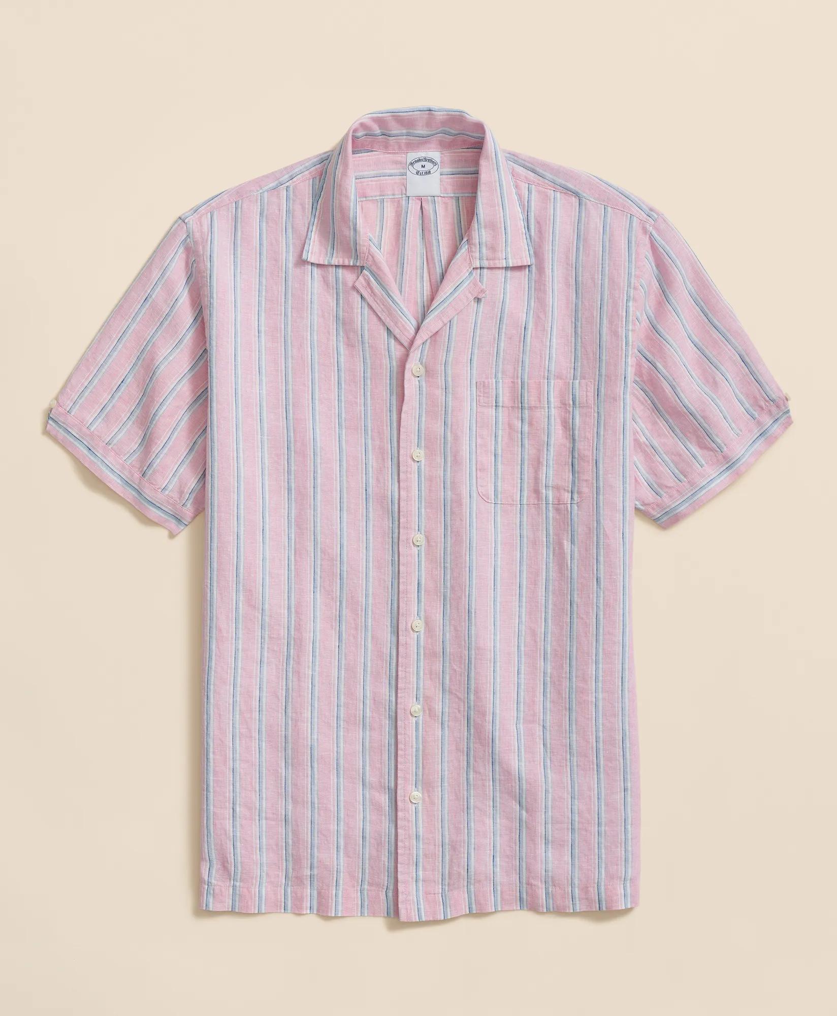 Irish Linen Camp Collar, Archive Stripe Short-Sleeve Shirt