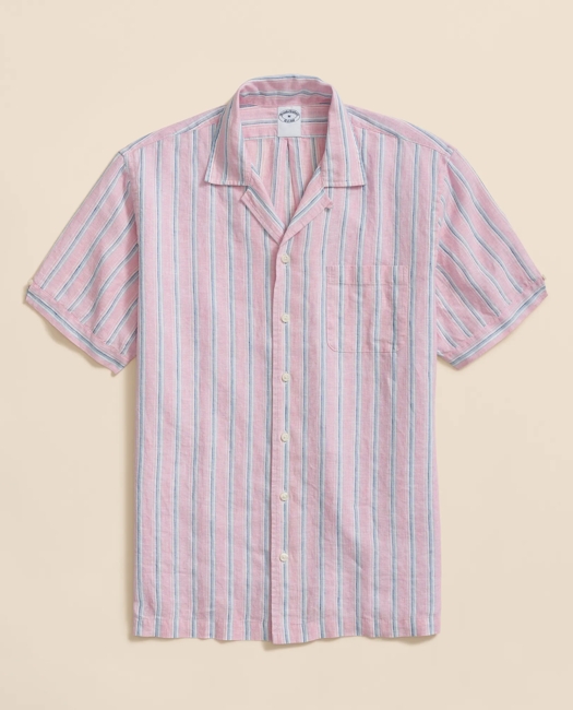 Irish Linen Camp Collar, Archive Stripe Short-Sleeve Shirt
