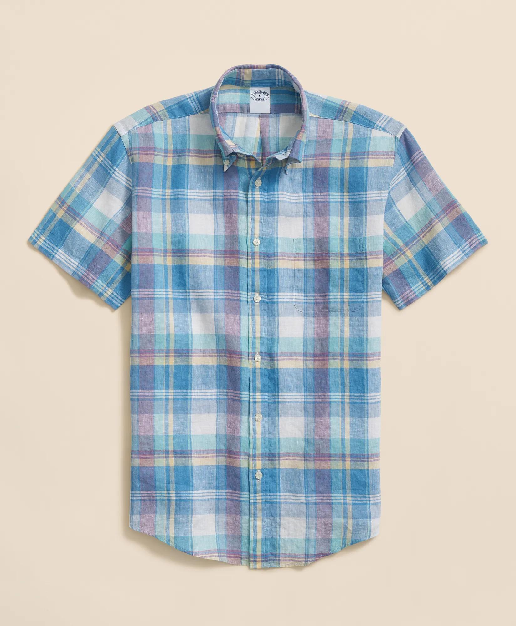 Irish Linen Polo Button Down Collar, Checked Short-Sleeve Shirt