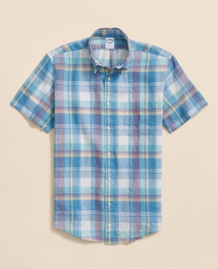 Irish Linen Polo Button Down Collar, Checked Short-Sleeve Shirt, image 1
