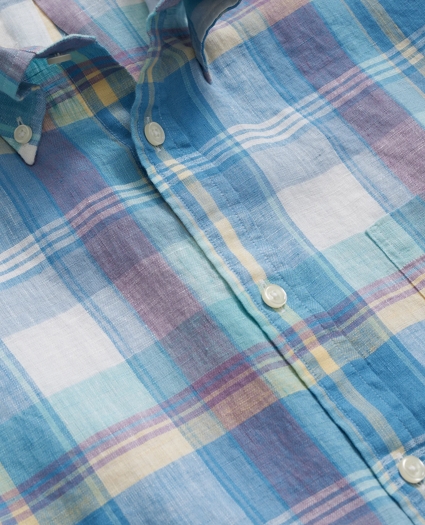 Irish Linen Polo Button Down Collar, Checked Short-Sleeve Shirt, image 2