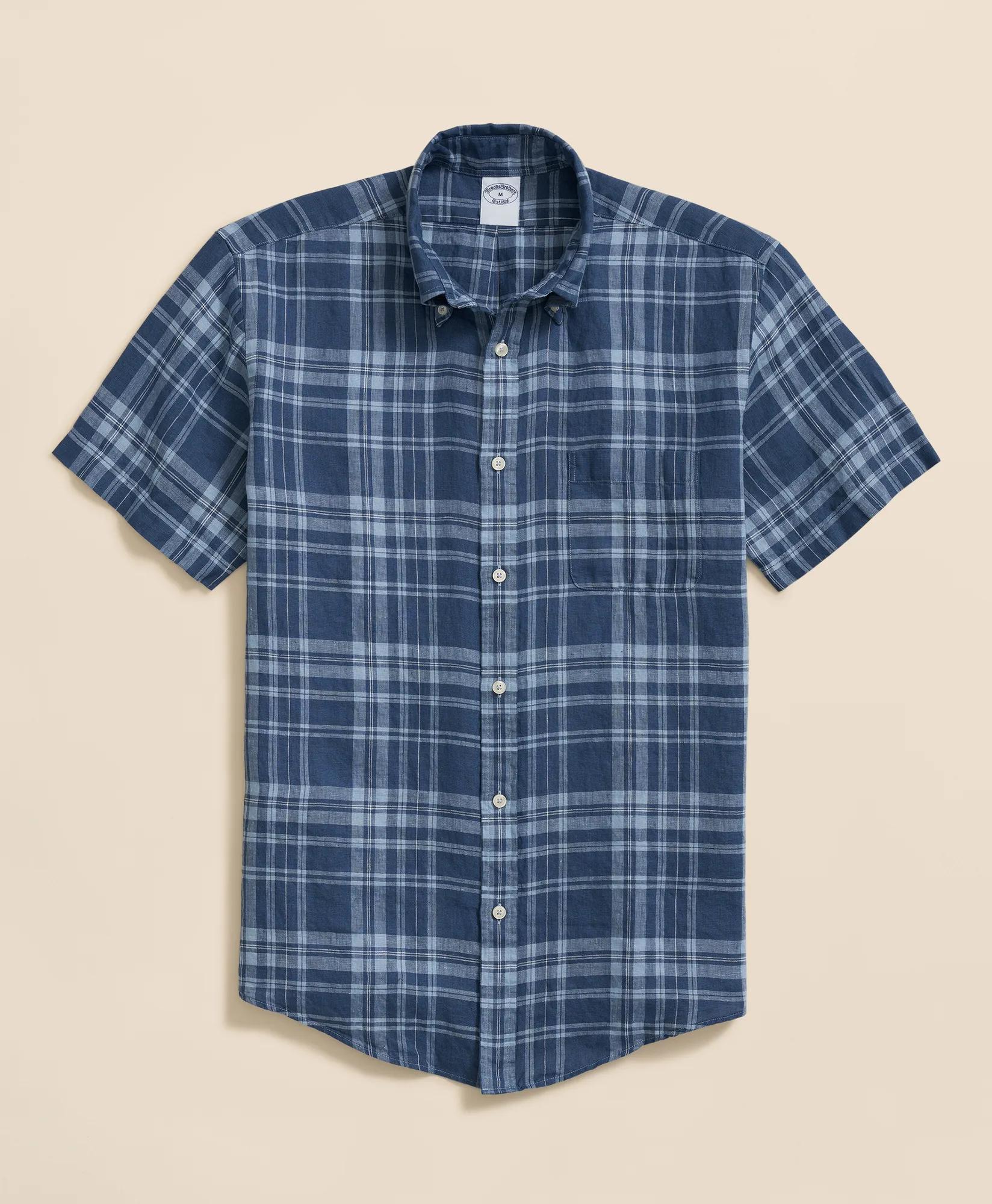 Irish Linen Polo Button Down Collar, Plaid Short-Sleeve Shirt