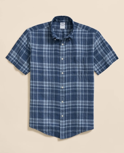 Irish Linen Polo Button Down Collar, Plaid Short-Sleeve Shirt, image 1