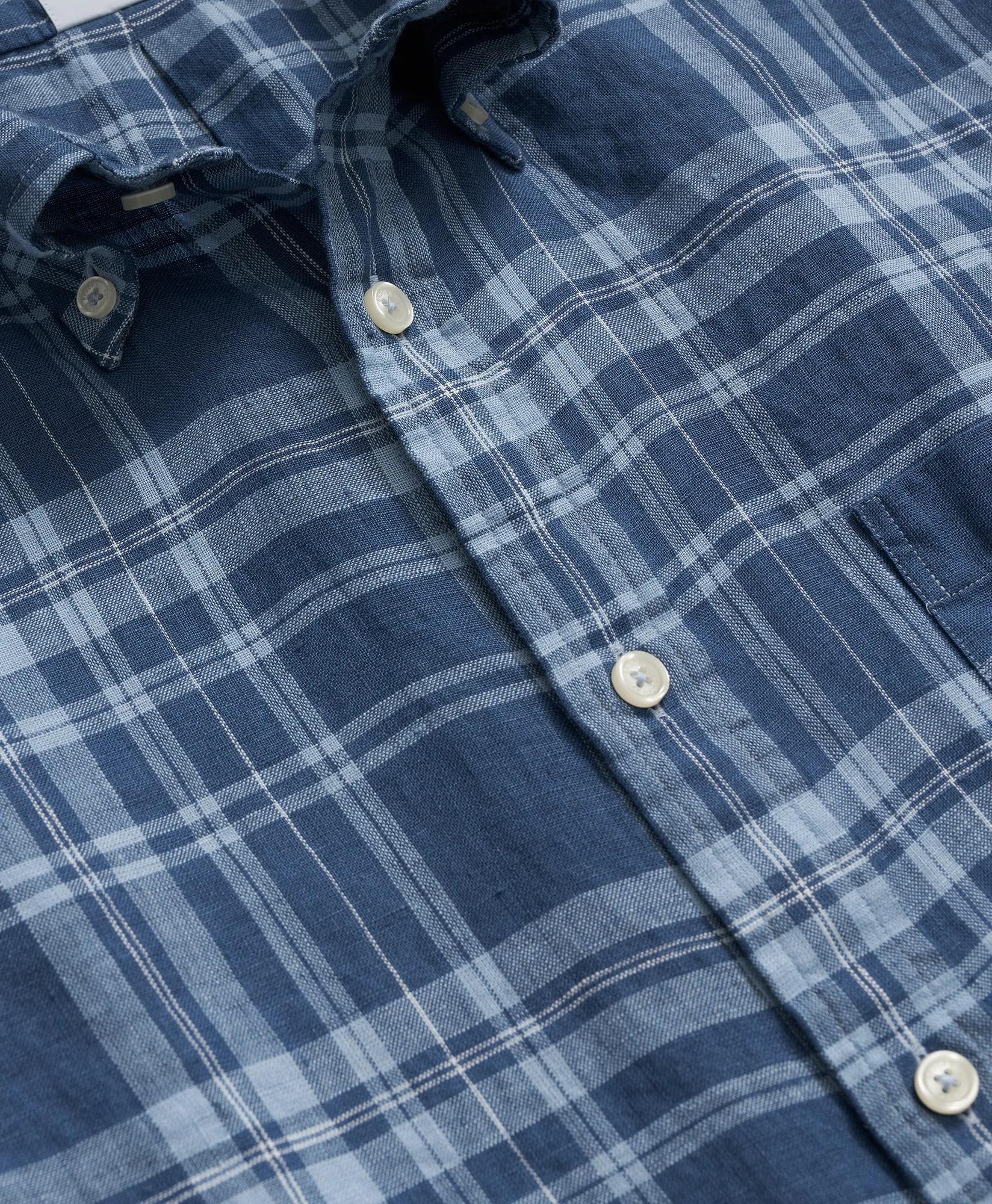 Irish Linen Polo Button Down Collar, Plaid Short-Sleeve Shirt