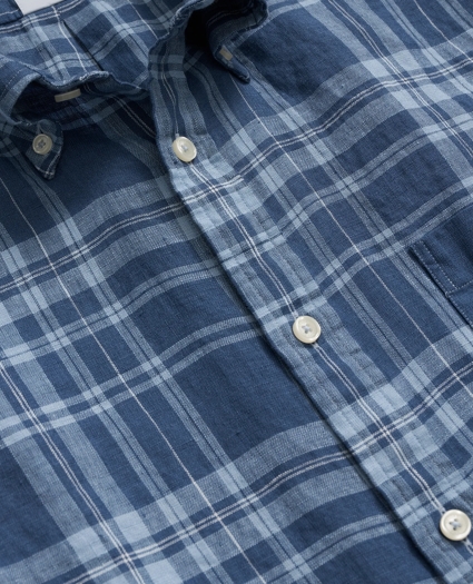 Irish Linen Polo Button Down Collar, Plaid Short-Sleeve Shirt, image 2