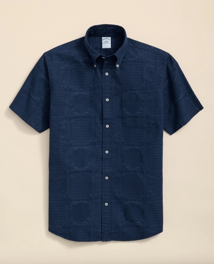 Cotton Jacquard Polo Button Down Collar, Patchwork Short-Sleeve Shirt, image 1