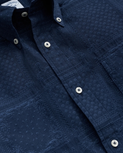 Cotton Jacquard Polo Button Down Collar, Patchwork Short-Sleeve Shirt, image 2