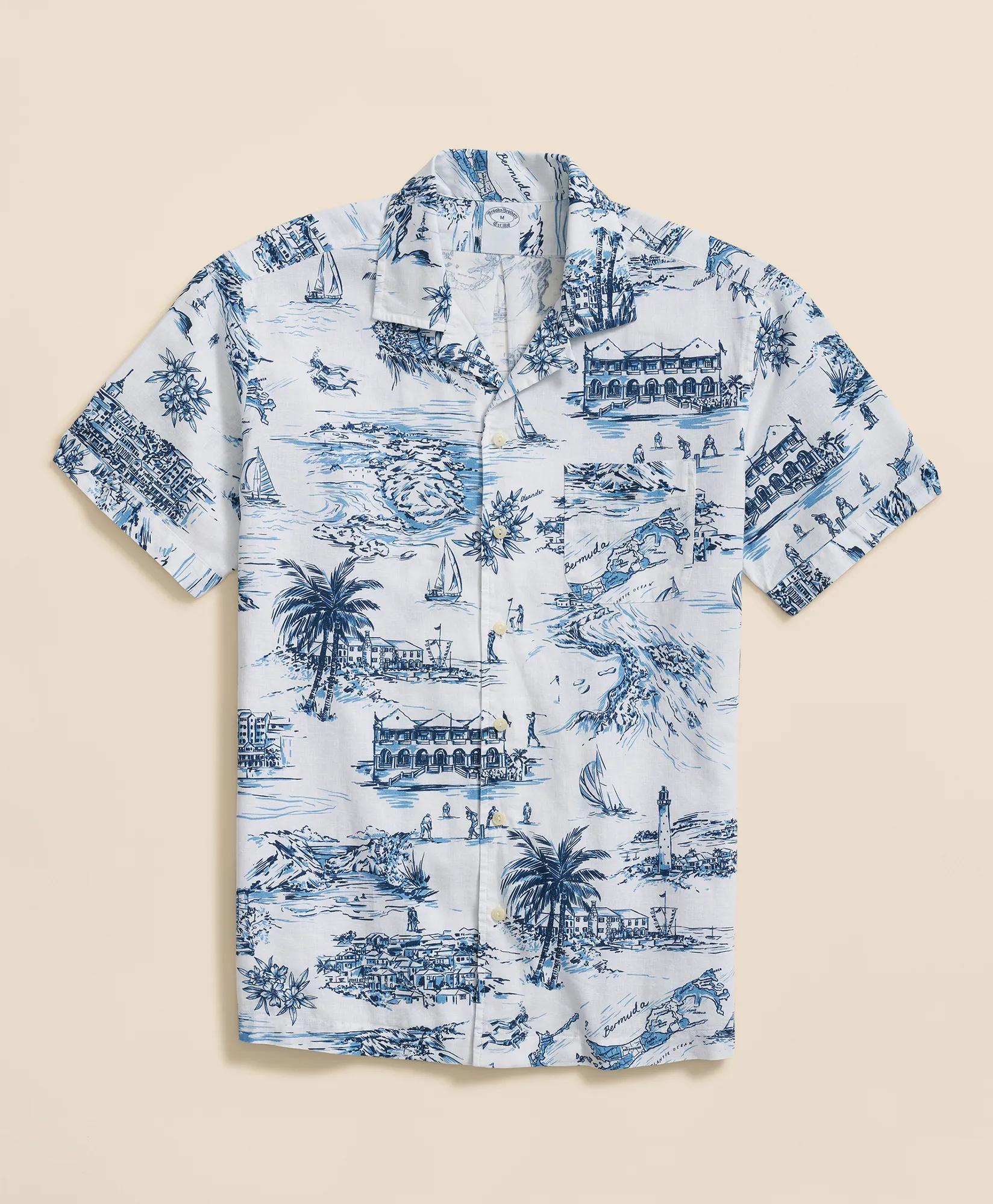 Linen Cotton Camp Collar, Bermuda Toile Short-Sleeve Shirt