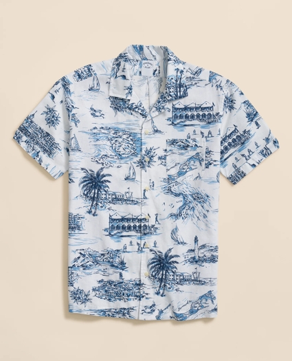 Linen Cotton Camp Collar, Bermuda Toile Short-Sleeve Shirt, image 1
