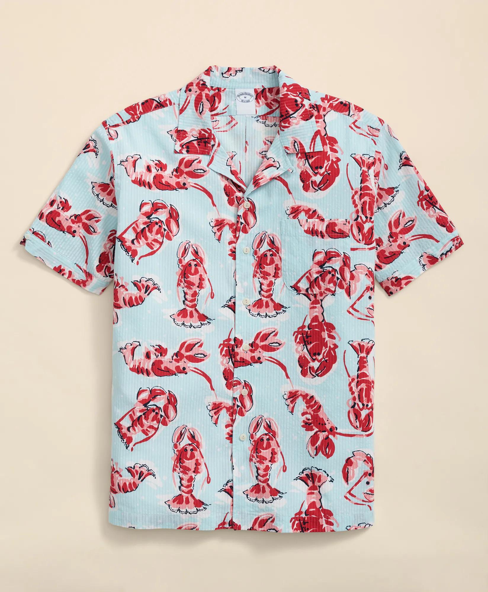 Cotton Seersucker Camp Collar, Lobster Short-Sleeve Shirt