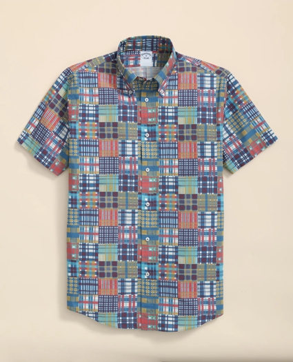 Cotton Polo Button-Down Collar, Patchwork Plaid Short-Sleeve Shirt, image 1