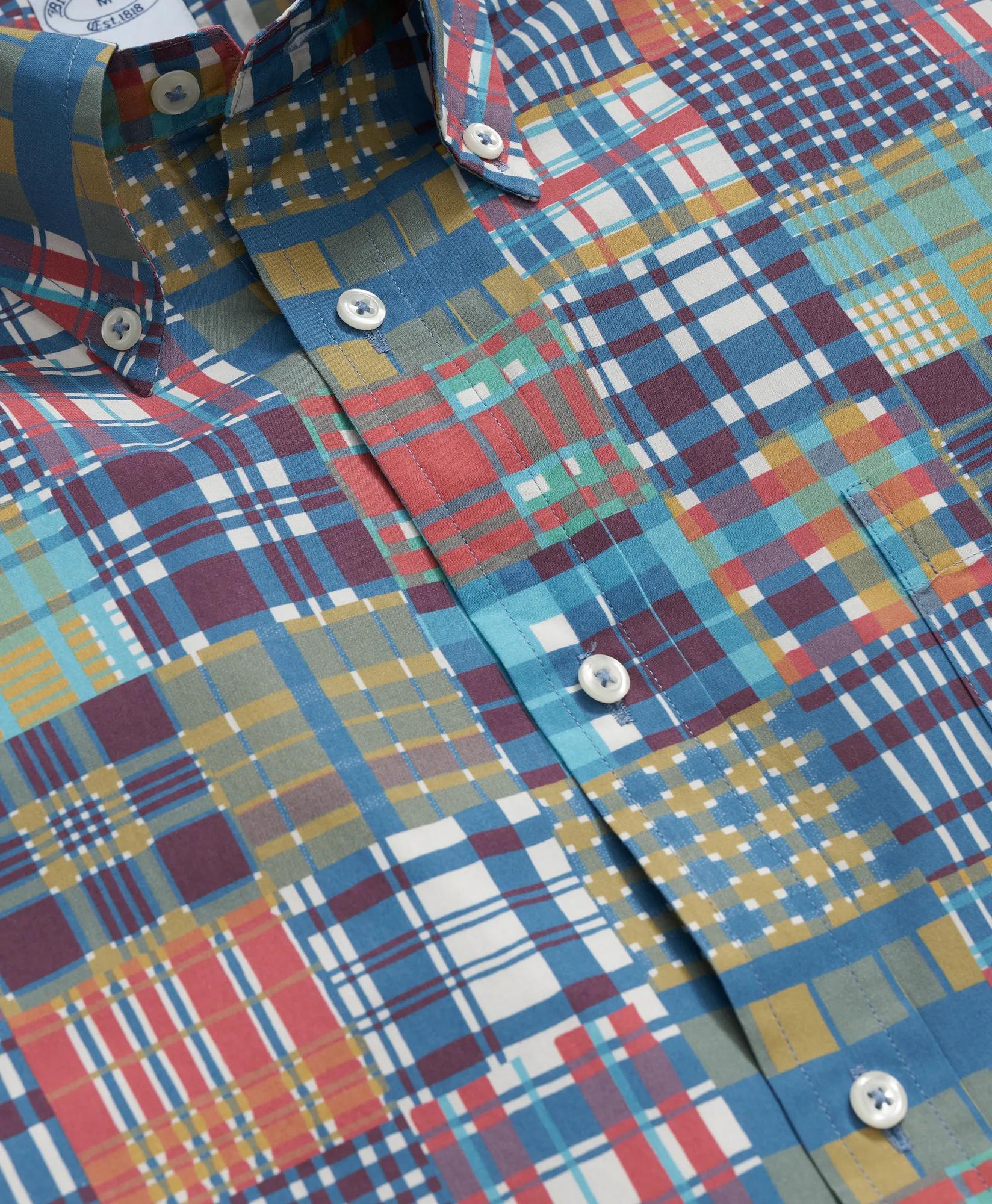Cotton Polo Button-Down Collar, Patchwork Plaid Short-Sleeve Shirt, image 2