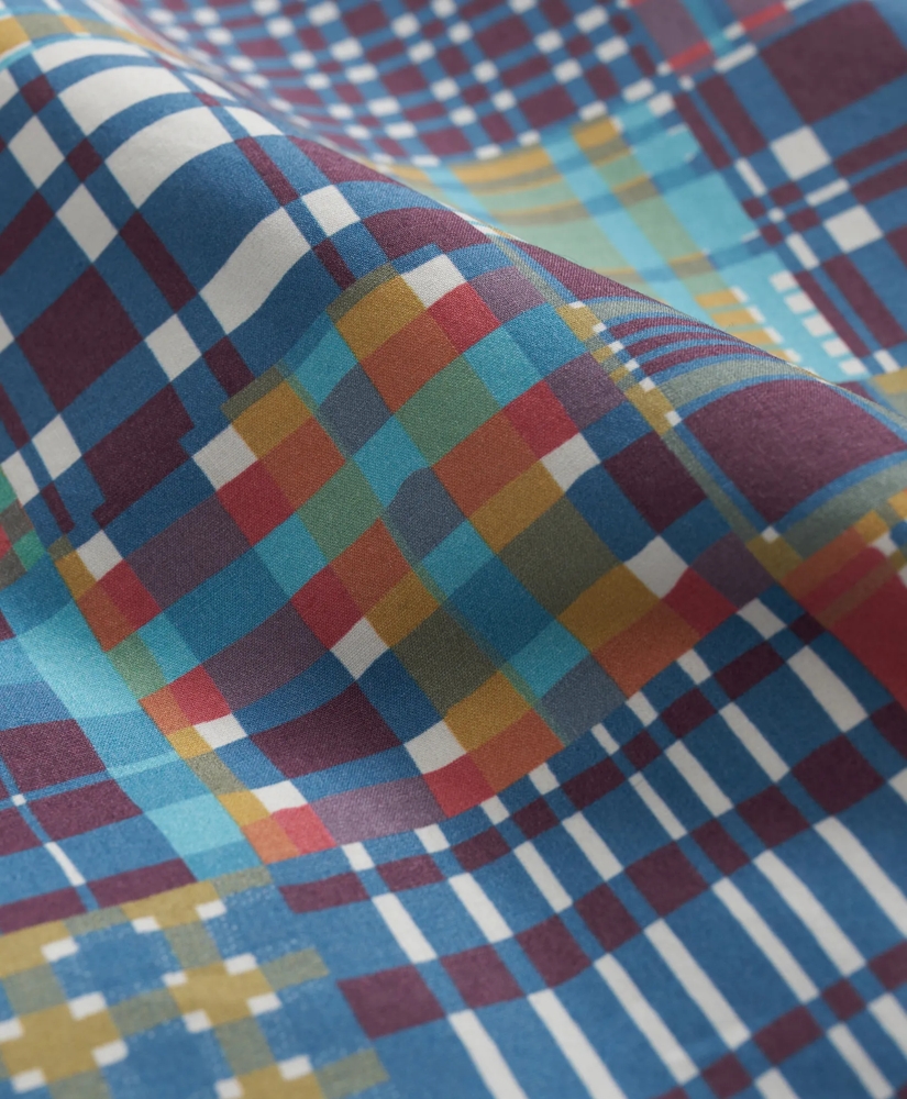 Cotton Polo Button-Down Collar, Patchwork Plaid Short-Sleeve Shirt, image 3
