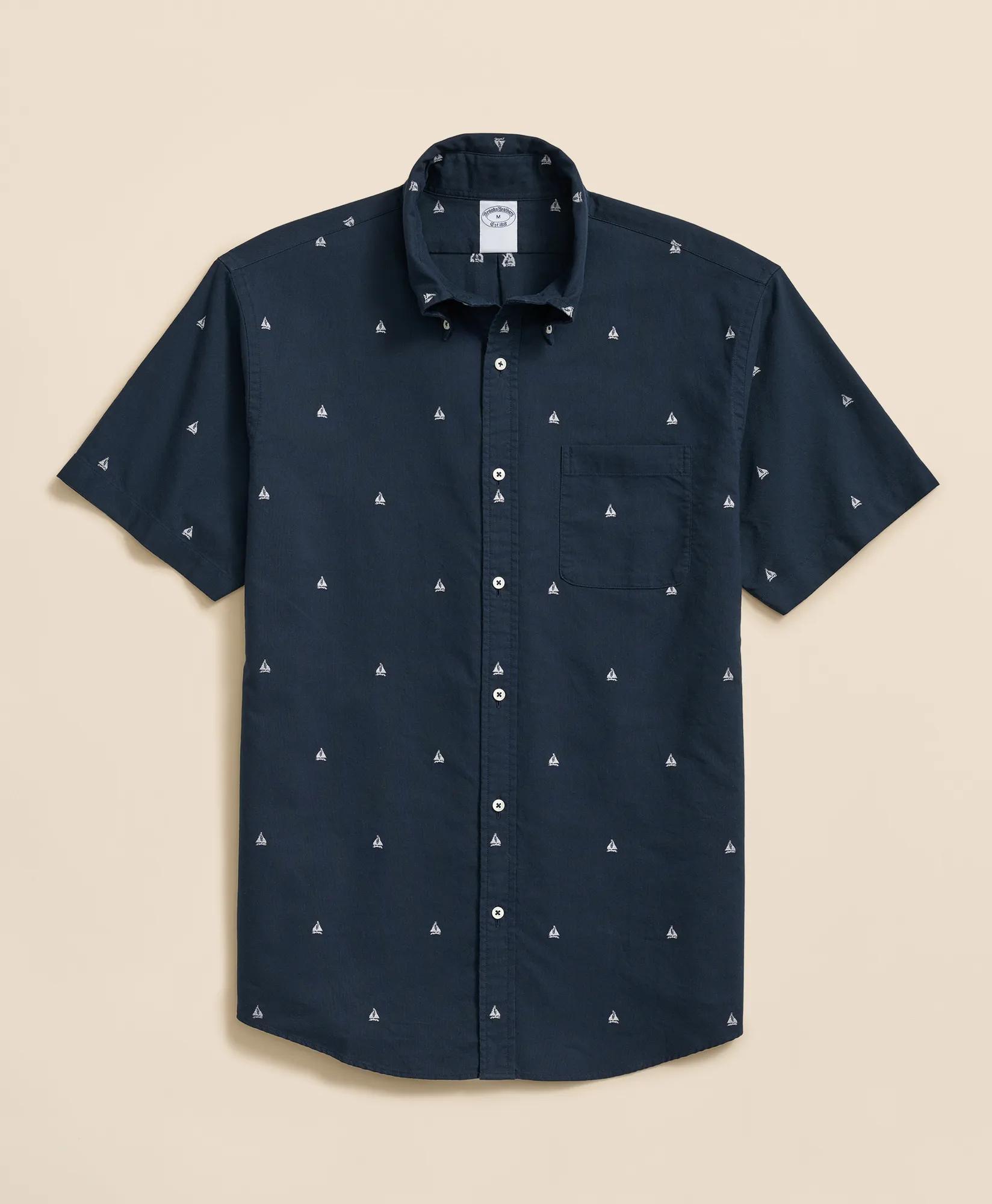 Cotton Polo Button-Down Collar, Embroidered Boat Short-Sleeve Shirt