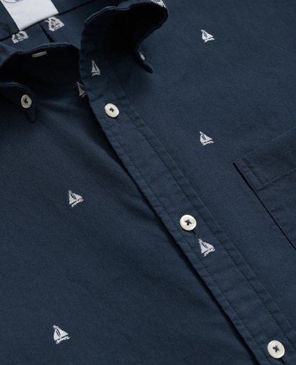 Cotton Polo Button-Down Collar, Embroidered Boat Short-Sleeve Shirt, image 2