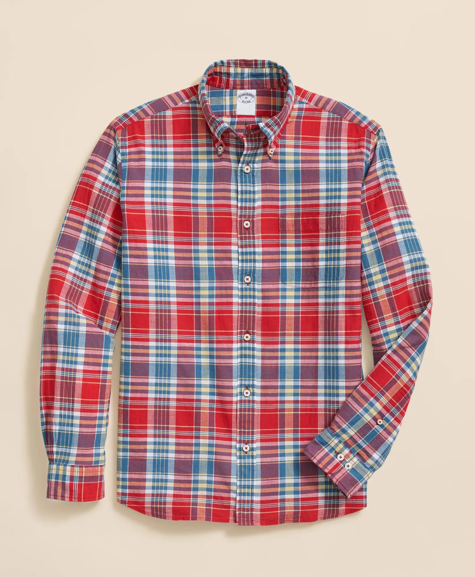 Washed Cotton Madras Polo Button-Down Collar Shirt