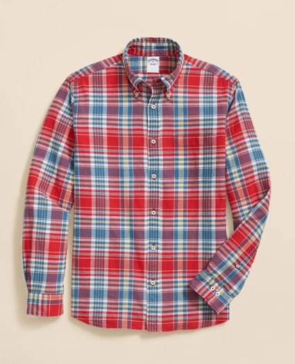 Washed Cotton Madras Polo Button-Down Collar Shirt, image 1