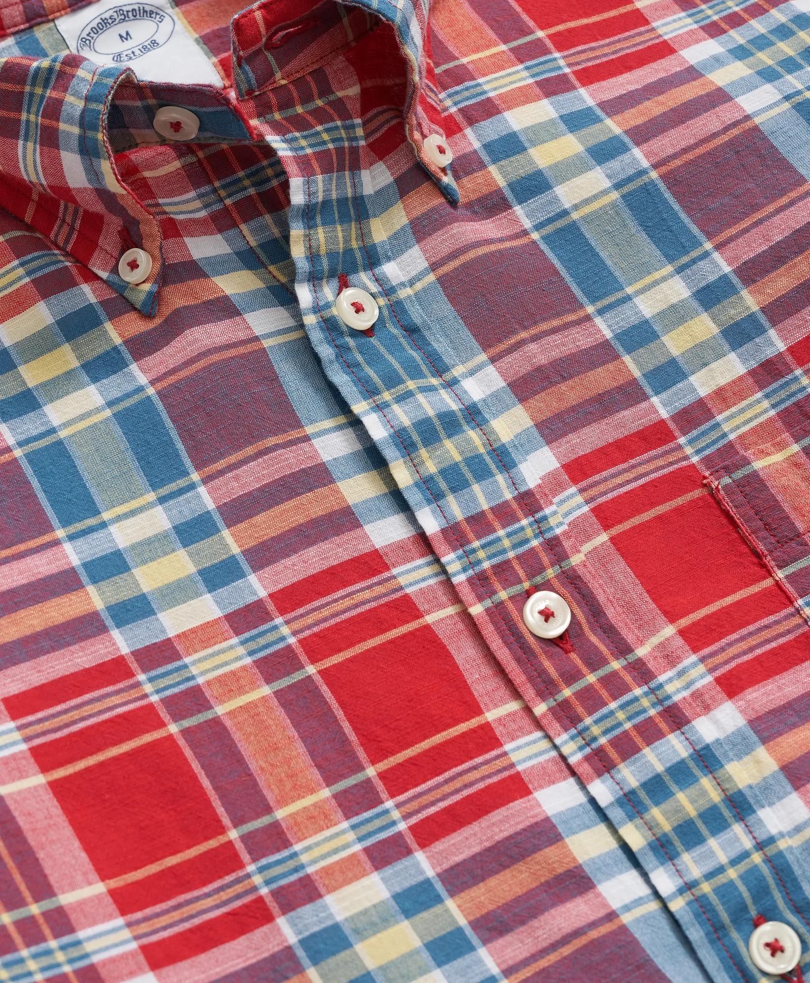 Washed Cotton Madras Polo Button-Down Collar Shirt