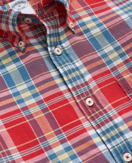 Washed Cotton Madras Polo Button-Down Collar Shirt, image 2