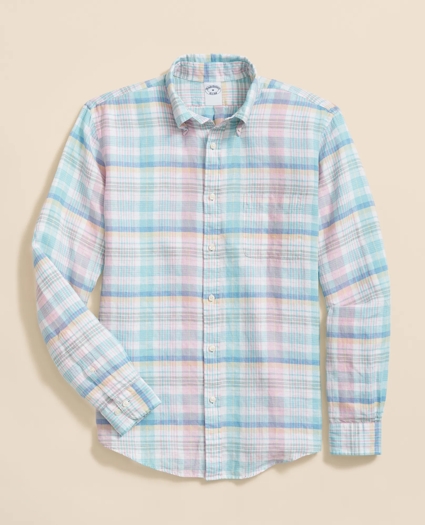 Washed Cotton Madras Polo Button-Down Collar Shirt, image 1