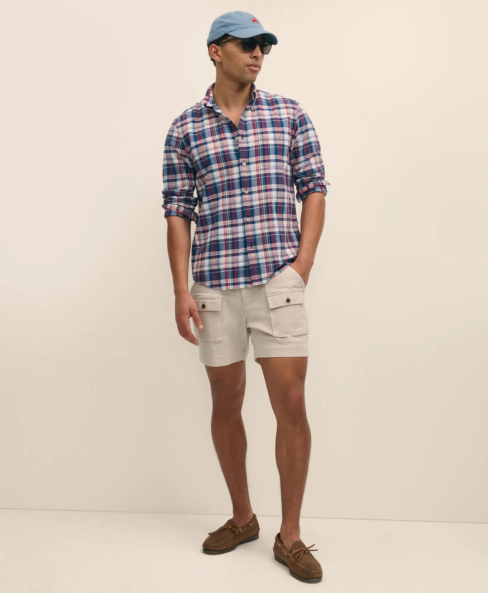 Washed Cotton Madras Polo Button-Down Collar Shirt