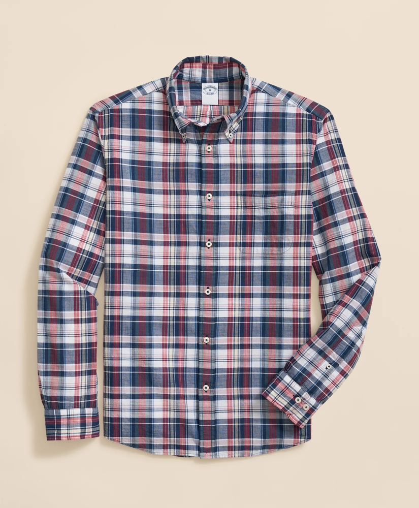 Washed Cotton Madras Polo Button-Down Collar Shirt, image 4