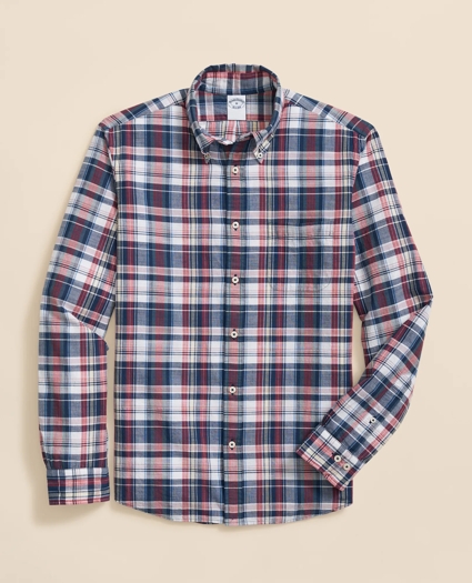 Washed Cotton Madras Polo Button-Down Collar Shirt, image 4