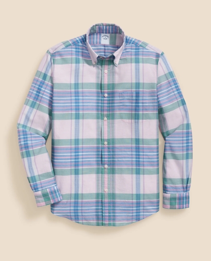 Irish Linen Polo Button Down Collar, Multi Plaid Shirt, image 1
