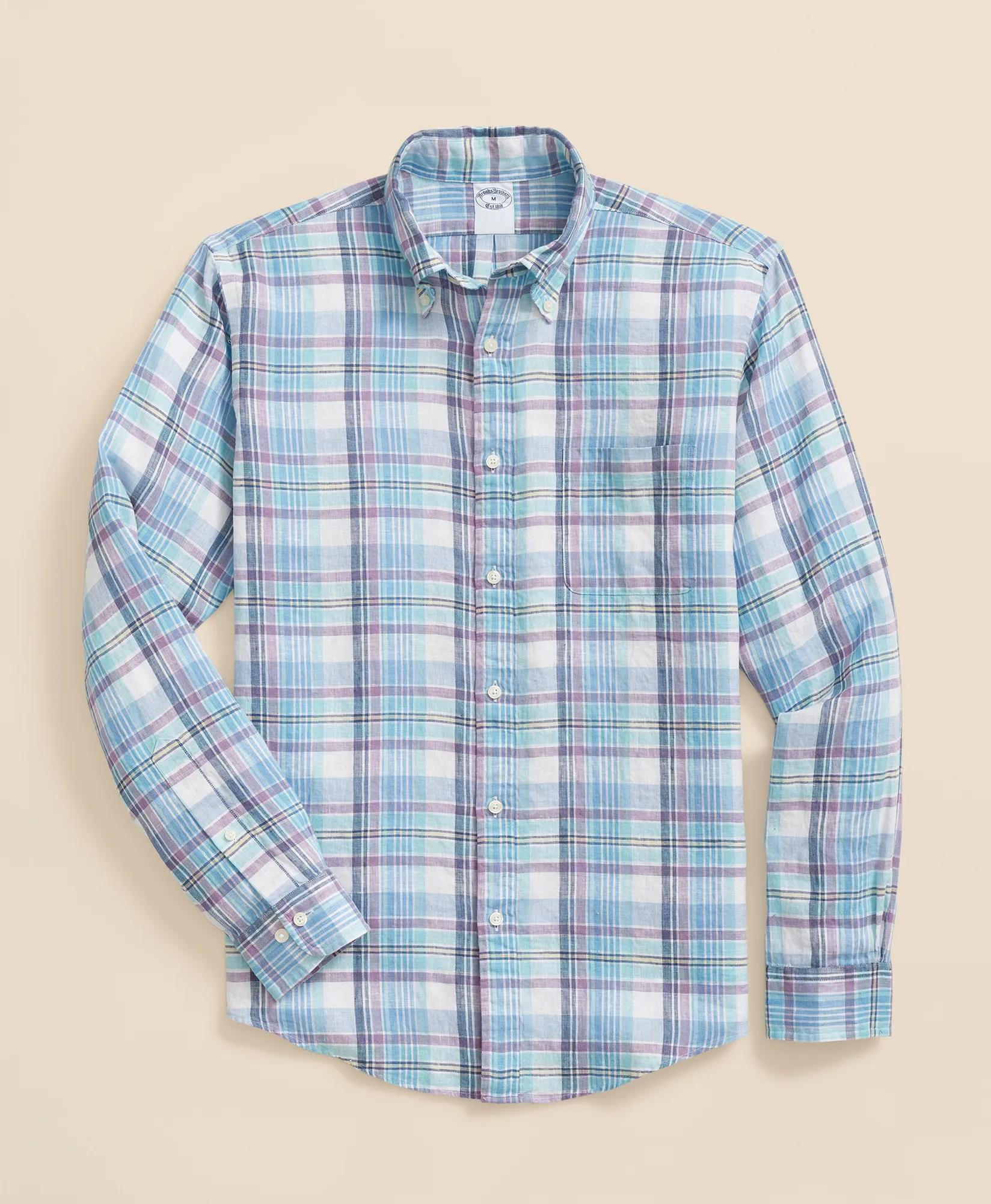 Irish Linen Polo Button Down Collar, Plaid Shirt