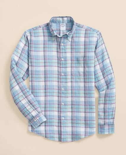 Irish Linen Polo Button Down Collar, Plaid Shirt, image 1