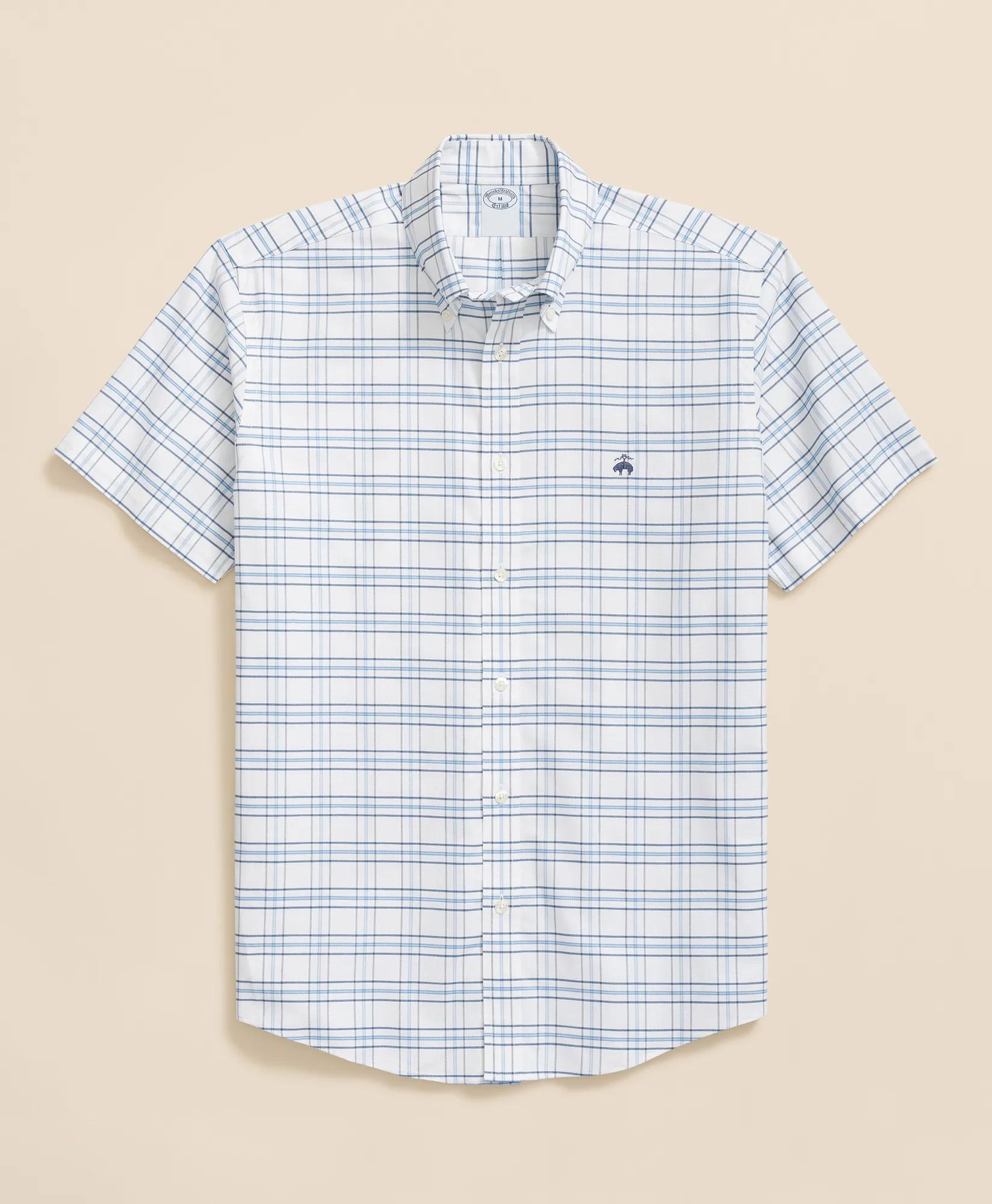 Stretch Cotton Non-Iron Oxford Polo Button-Down Collar, Grid Check Short-Sleeve Shirt, image 1