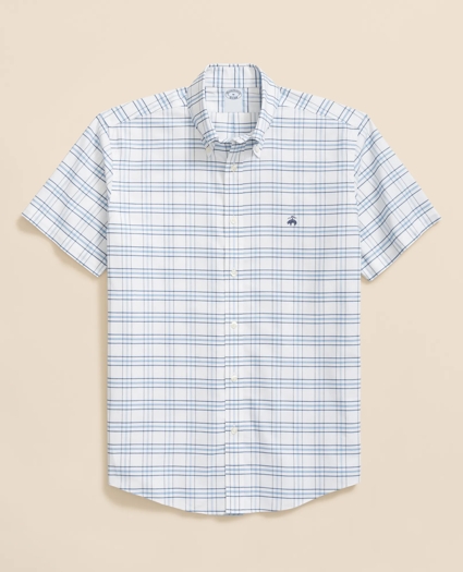 Stretch Cotton Non-Iron Oxford Polo Button-Down Collar, Grid Check Short-Sleeve Shirt, image 1