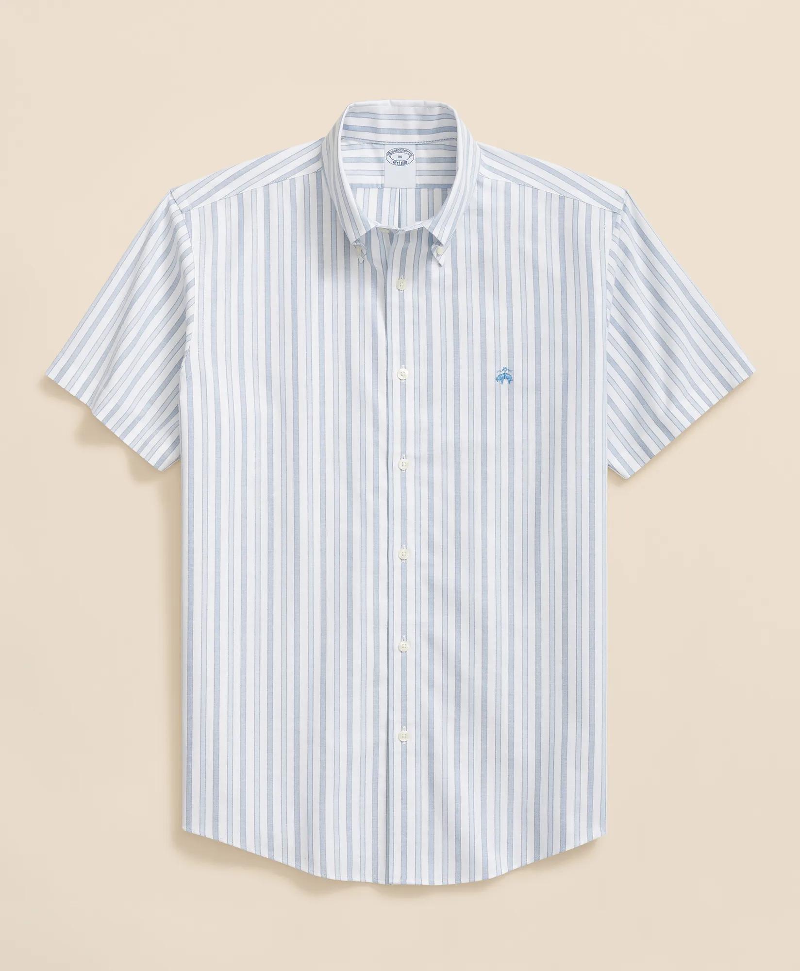 Stretch Cotton Non-Iron Oxford Polo Button-Down Collar, Outline Stripe Short-Sleeve Shirt, image 1