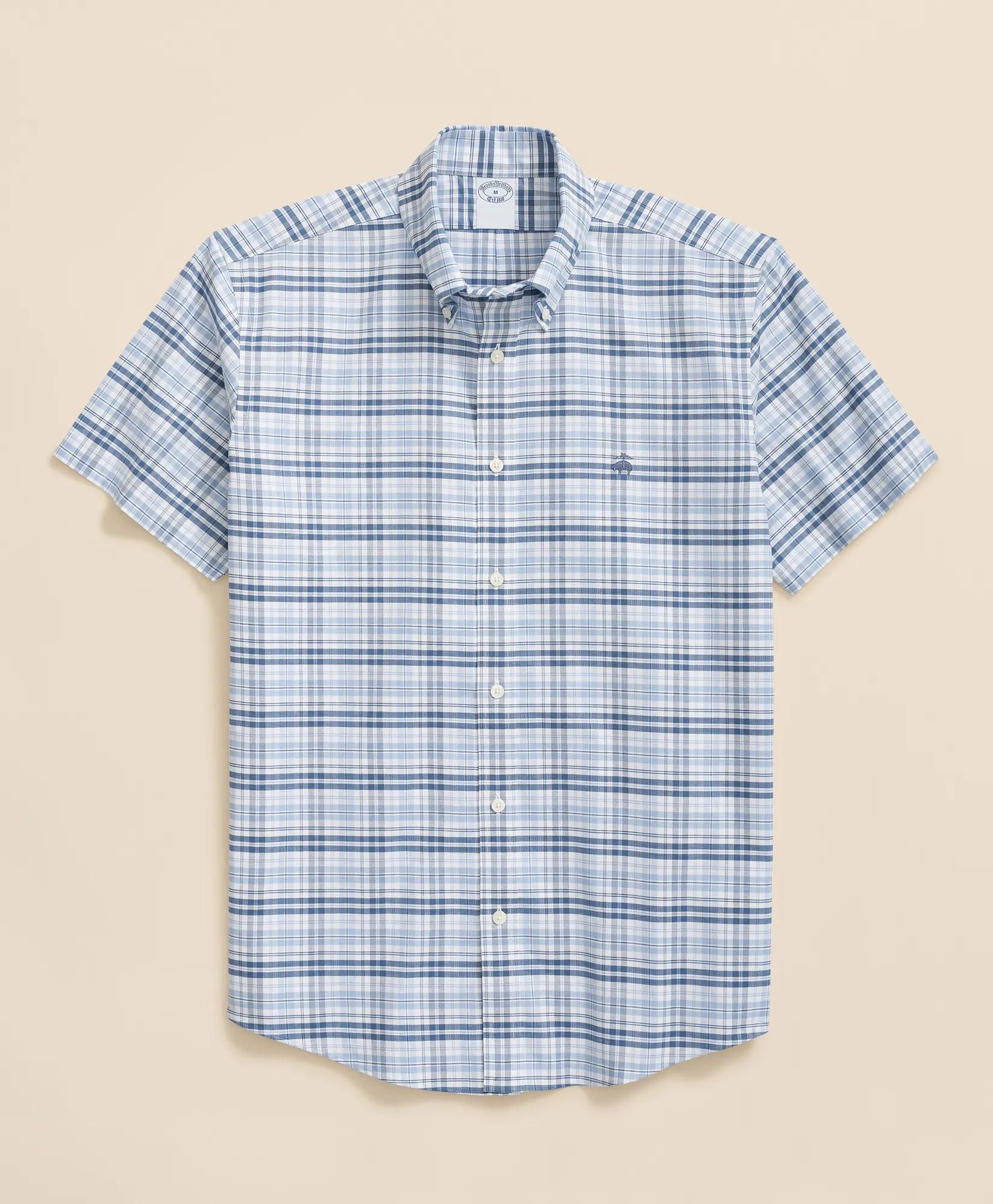 Stretch Cotton Non-Iron Oxford Button-Down Collar, Checked Short-Sleeve Shirt, image 1