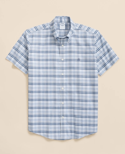 Stretch Cotton Non-Iron Oxford Button-Down Collar, Checked Short-Sleeve Shirt, image 1