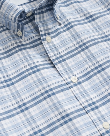 Stretch Cotton Non-Iron Oxford Button-Down Collar, Checked Short-Sleeve Shirt, image 2