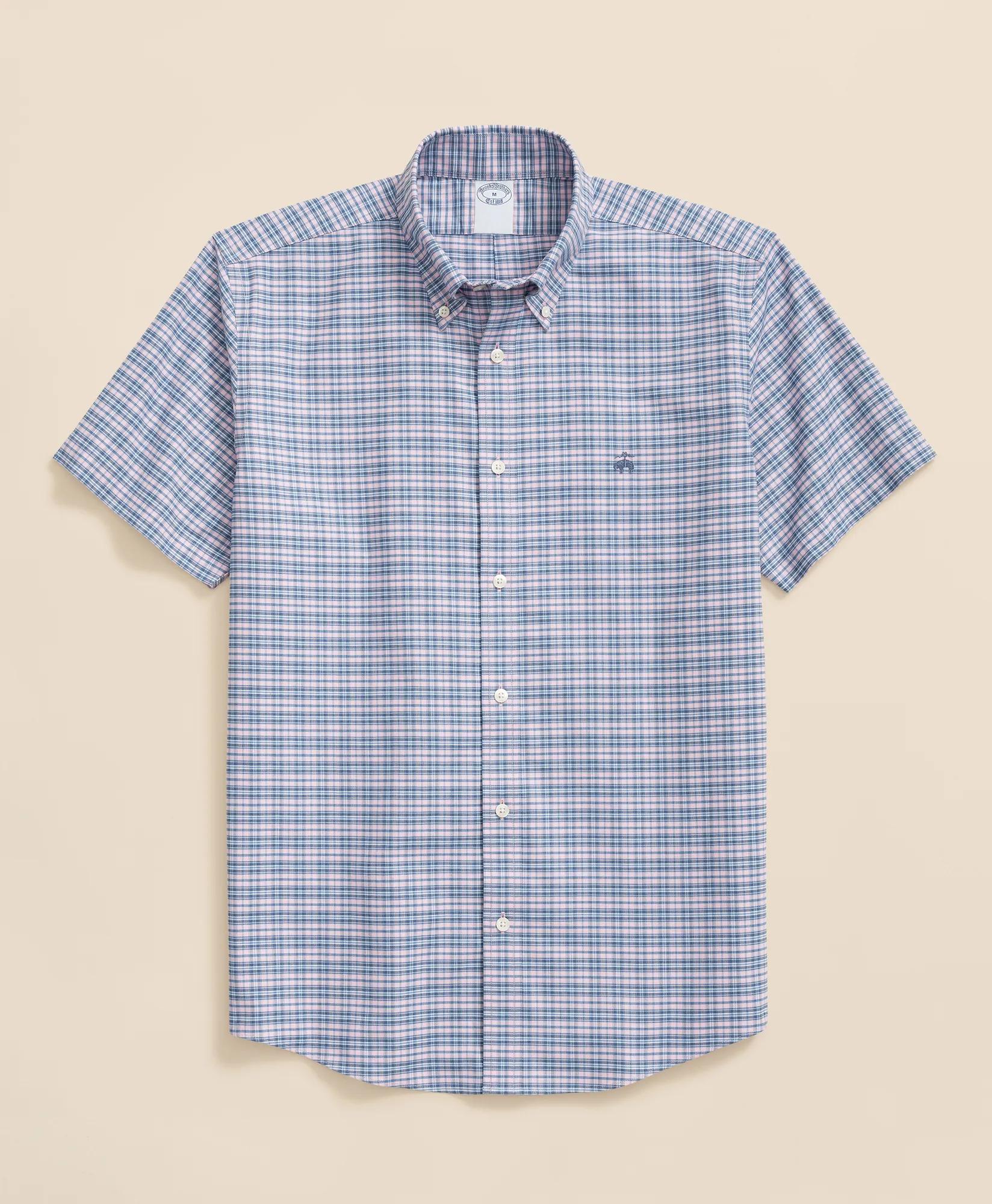 Stretch Cotton Non-Iron Oxford Polo Button-Down Collar, Plaid Short-Sleeve Shirt, image 1