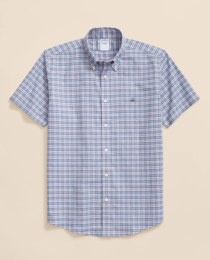 Stretch Cotton Non-Iron Oxford Polo Button-Down Collar, Plaid Short-Sleeve Shirt, image 1