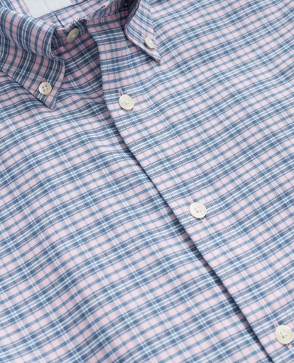 Stretch Cotton Non-Iron Oxford Polo Button-Down Collar, Plaid Short-Sleeve Shirt, image 2