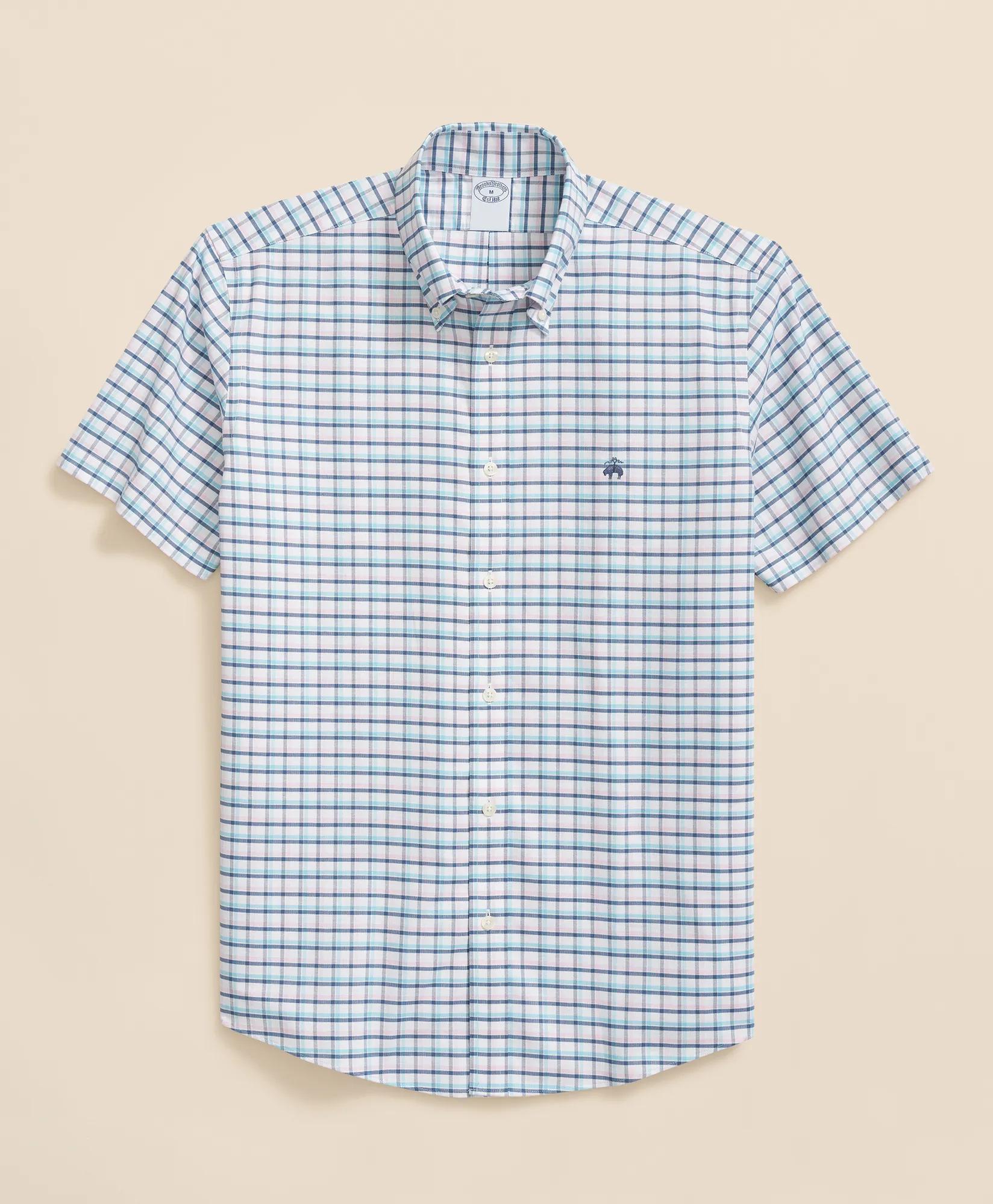 Stretch Cotton Non-Iron Oxford Polo Button-Down Collar, Grid Check Short-Sleeve Shirt