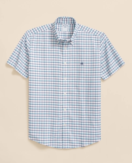 Stretch Cotton Non-Iron Oxford Polo Button-Down Collar, Grid Check Short-Sleeve Shirt, image 1