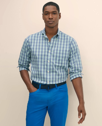 Performance Series Stretch Polo Button-Down Collar, Checked Sport Shirt, image 1