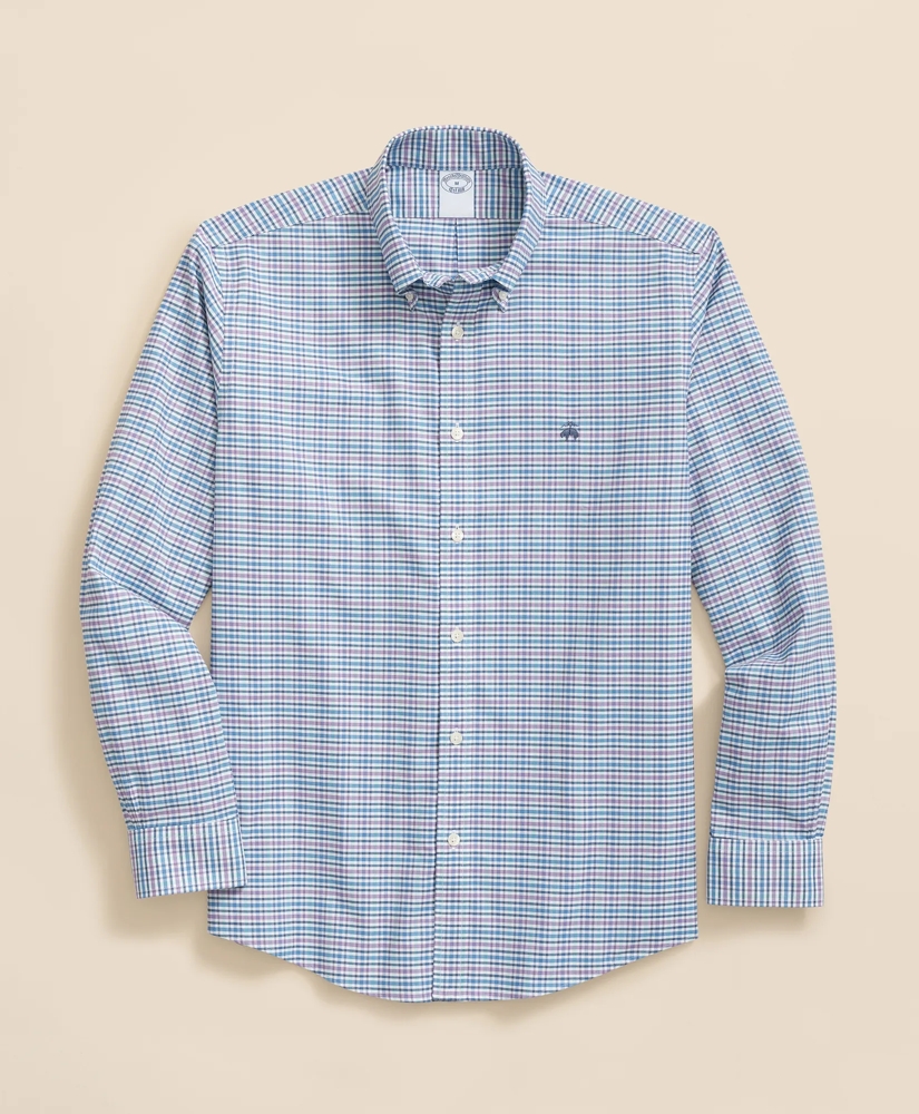 Stretch Cotton Non-Iron Oxford Polo Button-Down Collar, Grid Check Shirt