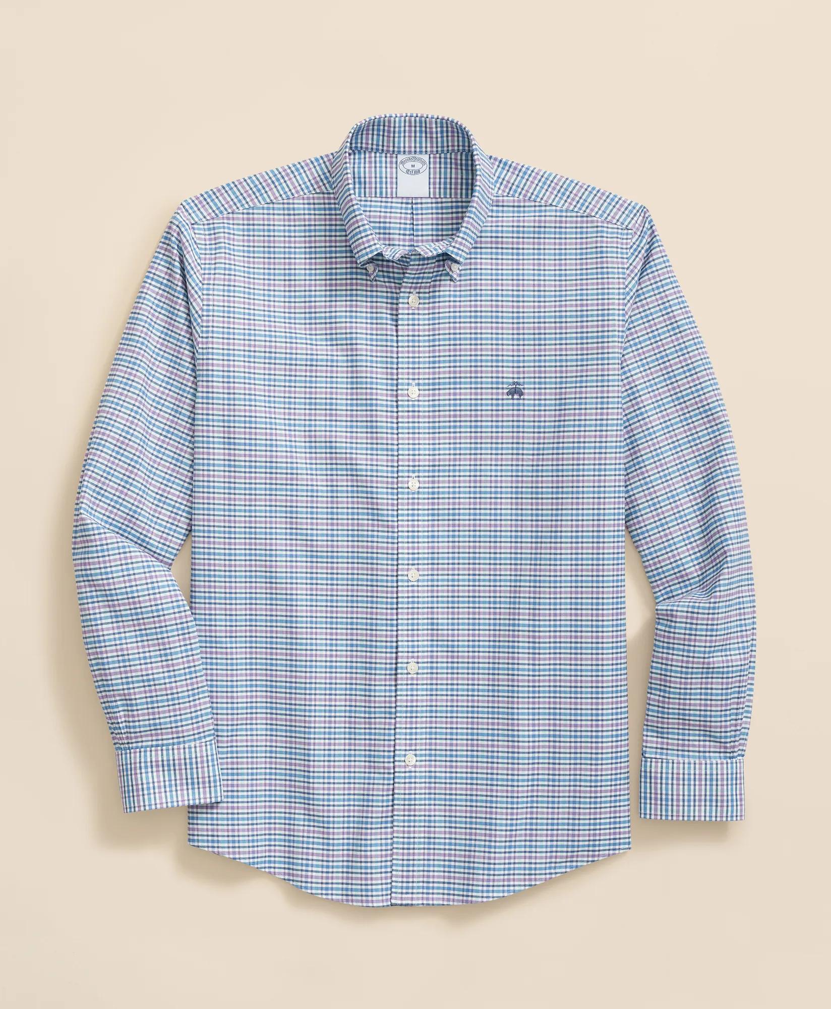 Stretch Cotton Non-Iron Oxford Polo Button-Down Collar, Grid Check Shirt, image 1