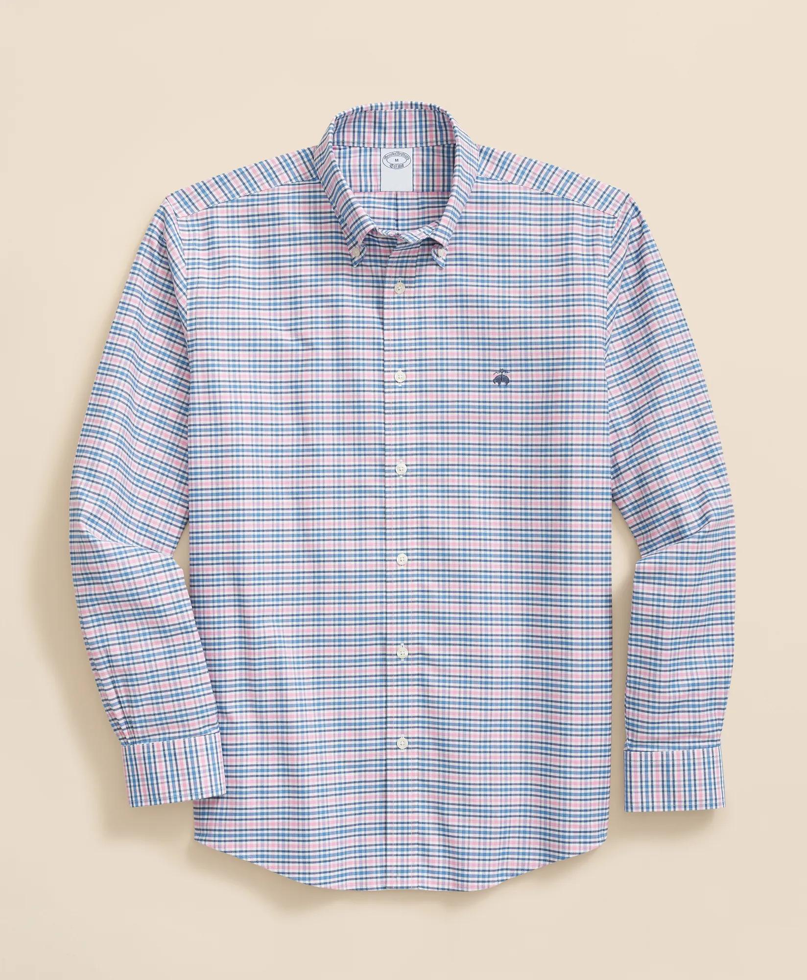 Stretch Cotton Non-Iron Oxford Polo Button-Down Collar, Grid Check Shirt, image 1
