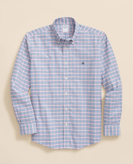 Stretch Cotton Non-Iron Oxford Polo Button-Down Collar, Grid Check Shirt, image 1