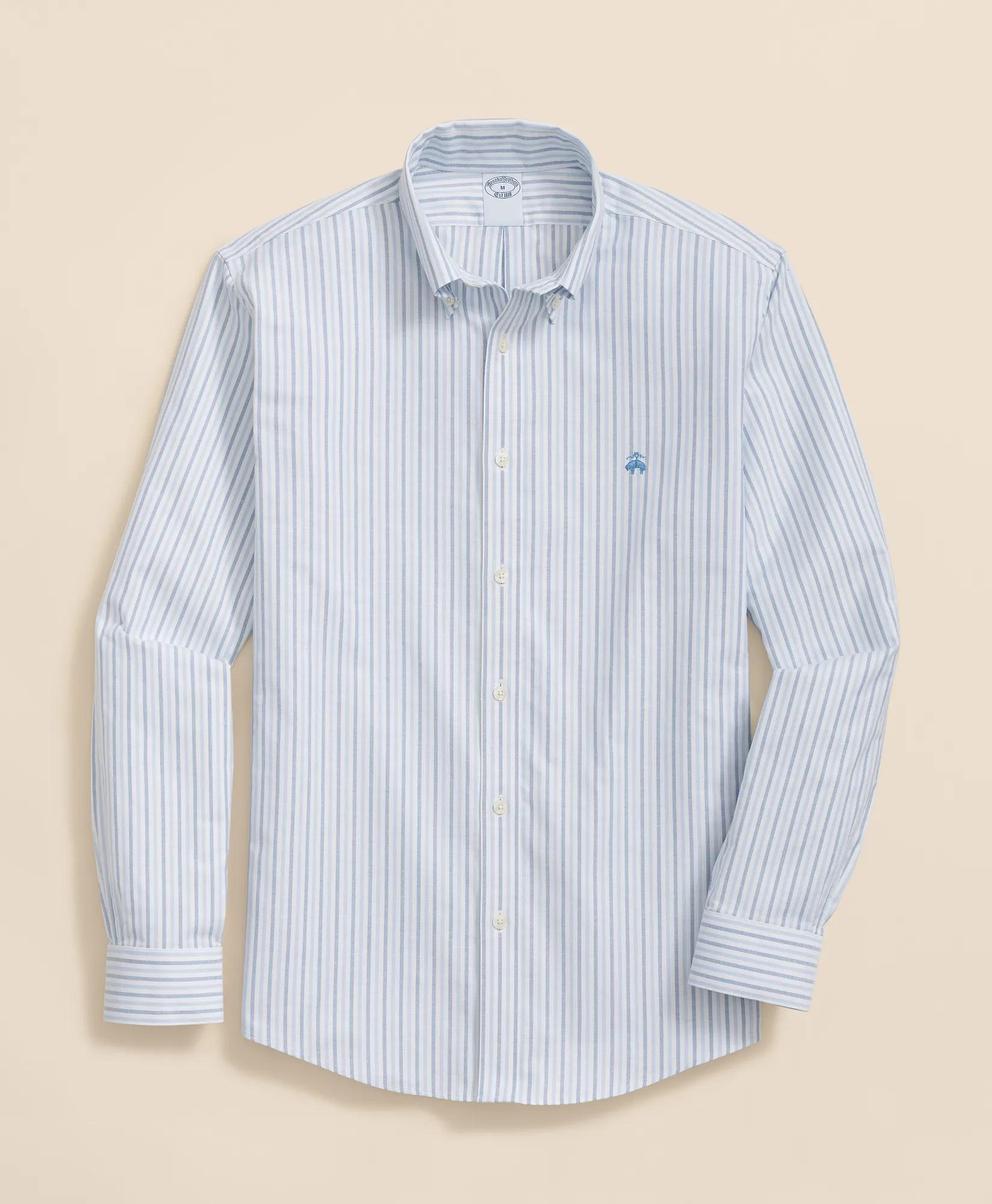Stretch Cotton Non-Iron Oxford Polo Button-Down Collar, Alternating Stripe Shirt, image 1