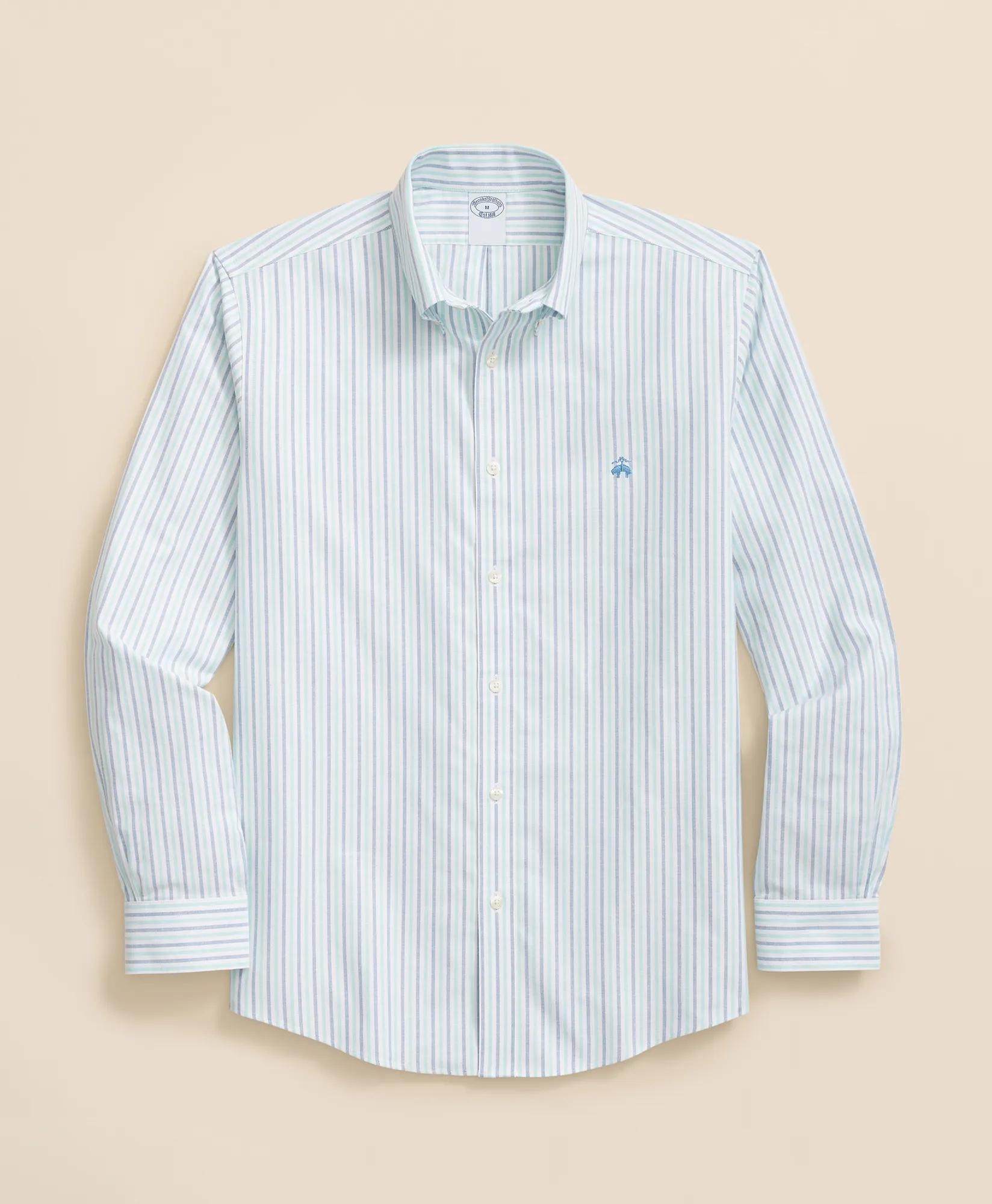 Stretch Cotton Non-Iron Oxford Polo Button-Down Collar, Alternating Stripe Shirt, image 1