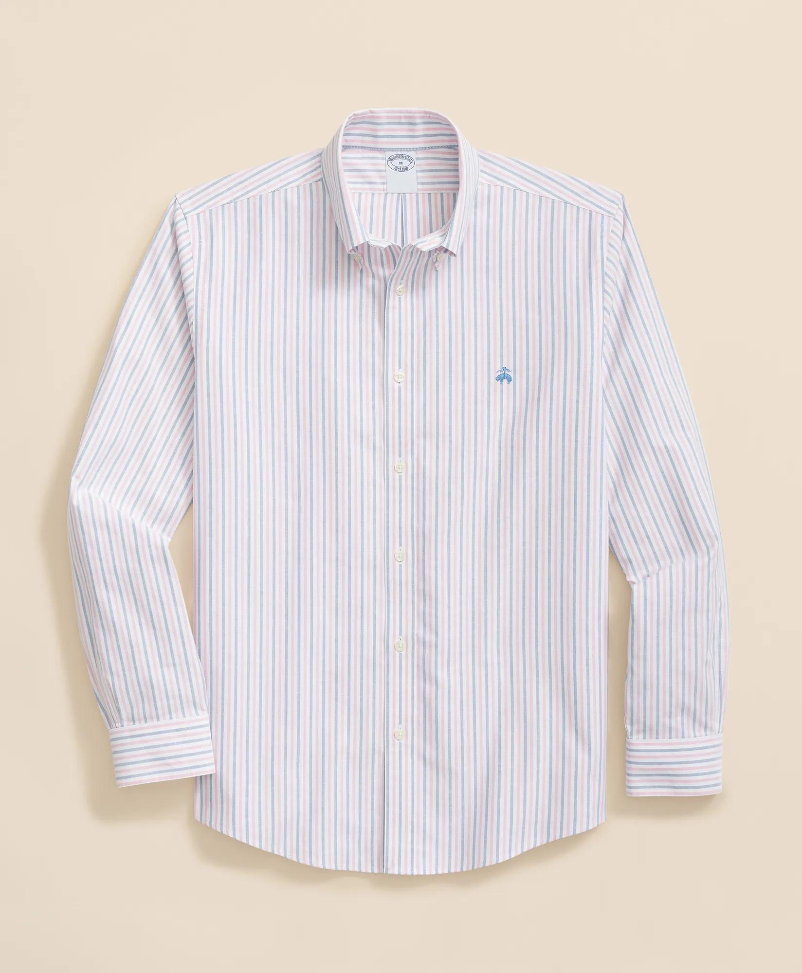 Stretch Cotton Non-Iron Oxford Polo Button-Down Collar, Alternating Stripe Shirt